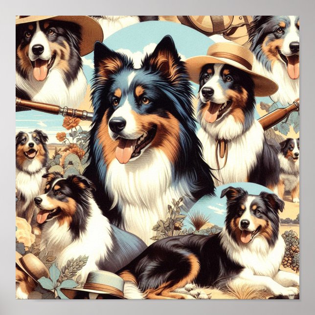 Retro Australian Shepherd Seamless Painting Poster (Front)