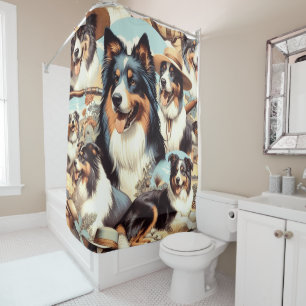 Retro Australian Shepherd Seamless Painting Shower Curtain