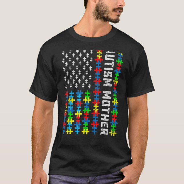 Retro Autism Awareness Usa Flag Mother Support Aut T-Shirt (Front)
