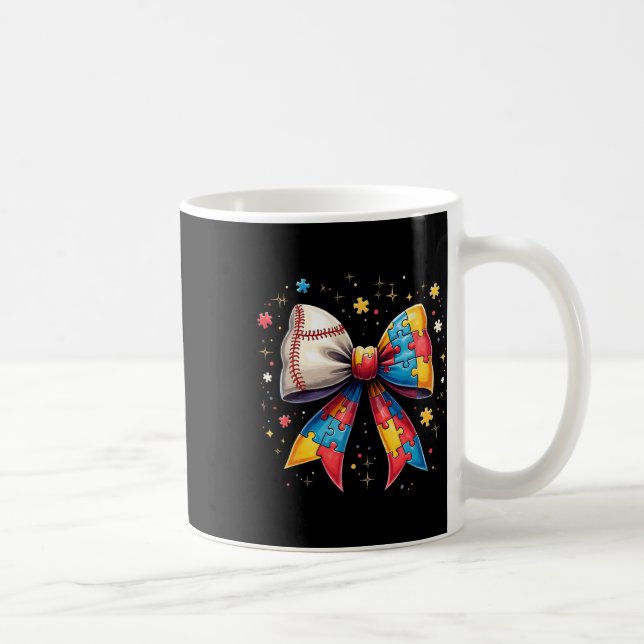 Retro Autism Baseball Bow Puzzle Piece Awareness C Coffee Mug (Right)