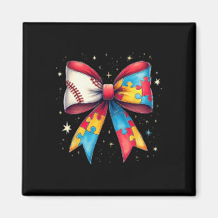 Retro Autism Baseball Bow Puzzle Piece Awareness G Magnet