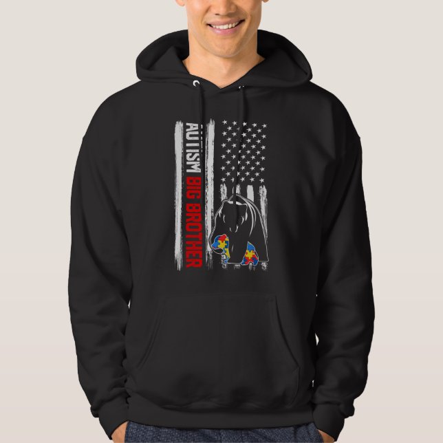 Retro Autism Big Brother Bear American Flag Awaren Hoodie (Front)