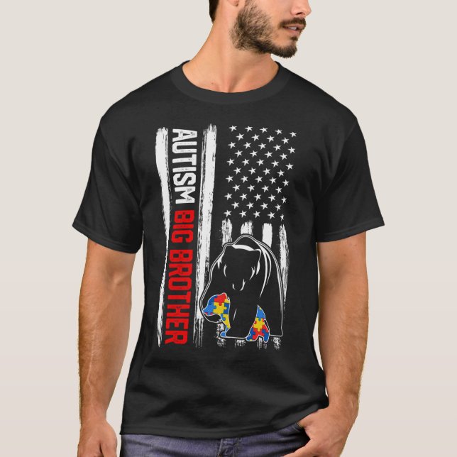 Retro Autism Big Brother Bear American Flag Awaren T-Shirt (Front)