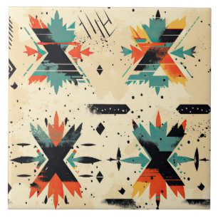 Retro Aztec pattern geometric abstract orange  Ceramic Tile