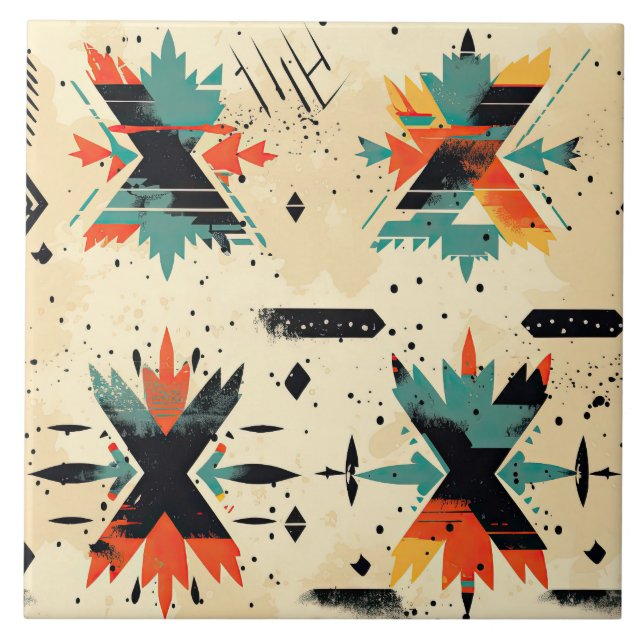 Retro Aztec pattern geometric abstract orange  Ceramic Tile (Front)