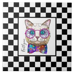 Retro B&W checkerboard, hipster cat, personalized Ceramic Tile