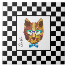 Retro B&W chequerboard, hipster bear, personalised