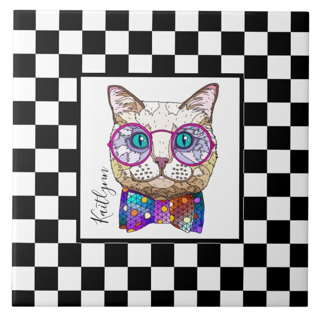 Retro B&W chequerboard, hipster cat, personalised Ceramic Tile (Front)