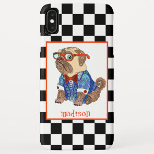 Retro B&W Chequerboard, Hipster Pug, Personalised iPhone XS Max Case