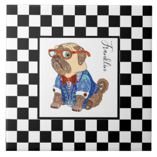 Retro B&W chequerboard, hipster pug, personalised Ceramic Tile