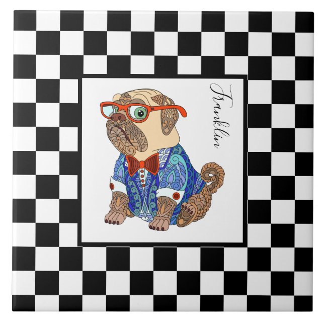 Retro B&W chequerboard, hipster pug, personalised Ceramic Tile (Front)