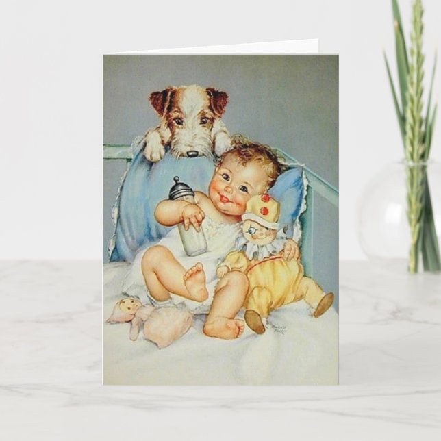 Retro Baby And Puppy Greeting Card (Front)