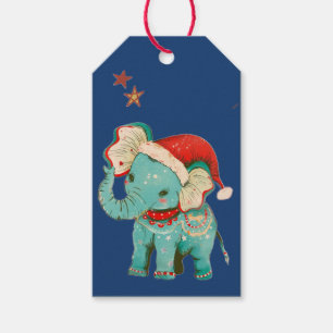 RETRO BABY ELEPHANT IN A SANTA HAT GIFT TAG