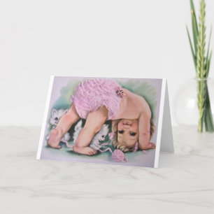Retro Baby Girl And Kittens Greeting Card