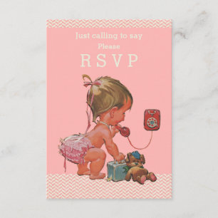 Retro Baby Girl on Phone Baby Shower RSVP Card