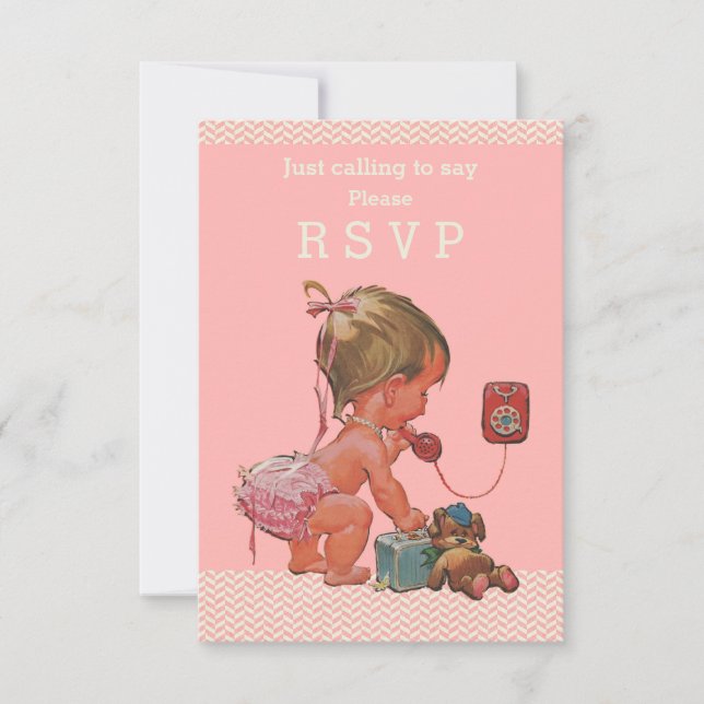 Retro Baby Girl on Phone Baby Shower RSVP Card (Front)