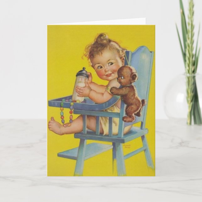 Retro Baby In High Chair Greeting Card (Front)
