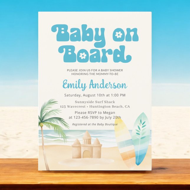Retro Baby on Board Surfboard Beach Boy Shower Invitation (Creator Uploaded)