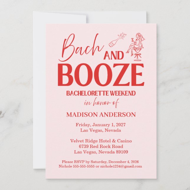 Retro Bach And Booze Bachelorette Red Pink Invitation (Front)