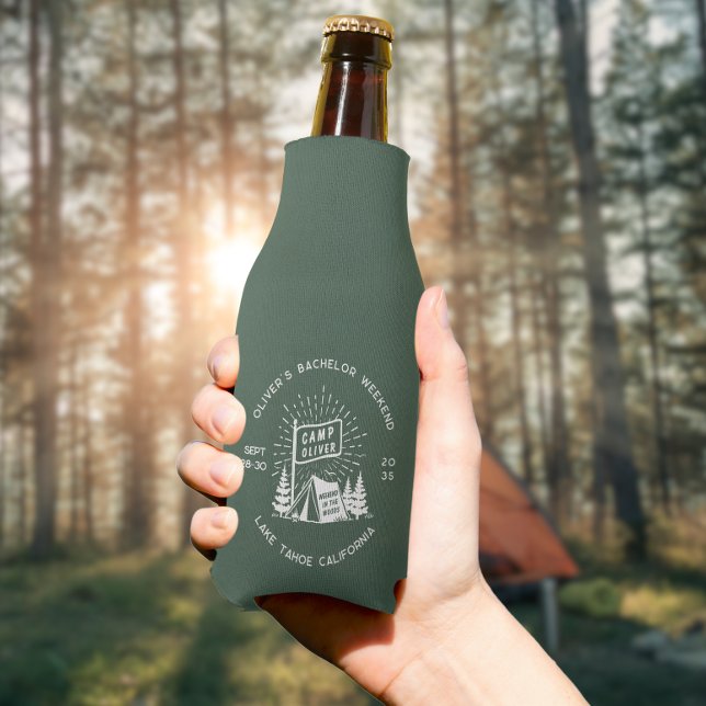 Retro Bachelor Party Weekend in the Woods | Green  Bottle Cooler (Creator Uploaded)
