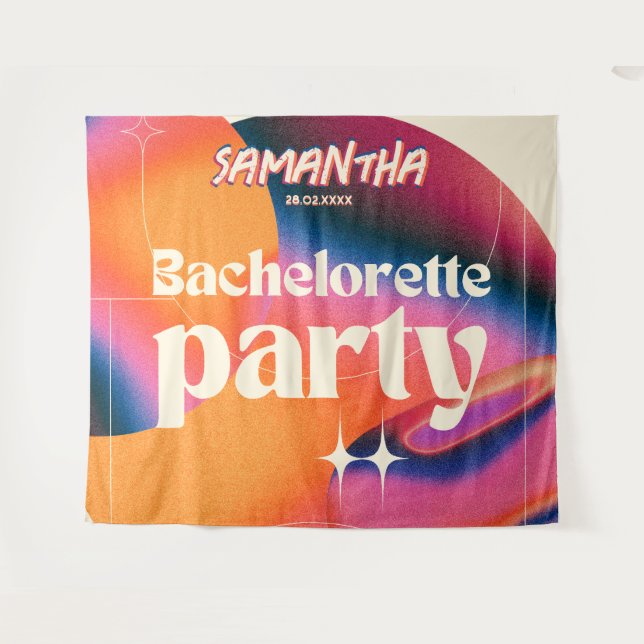 Retro Bachelorette Party Backdrop Groovy 70s Pink Tapestry (Front (Horizontal))