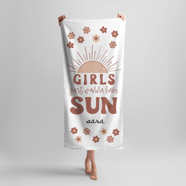 Retro Bachelorette Party Girls Just Wanna Have Sun Beach Towel (Girls Weekend Bachelorette Party Beach Towel | Girls Just Wanna Have Sun Retro 70s Groovy Design)