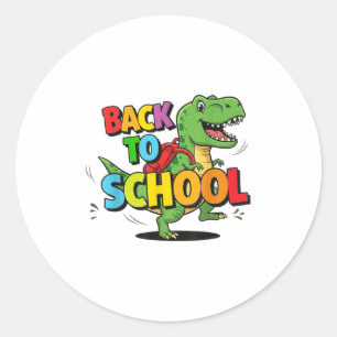 Retro Back To School Funny Colourful Dinosaur Cart Classic Round Sticker
