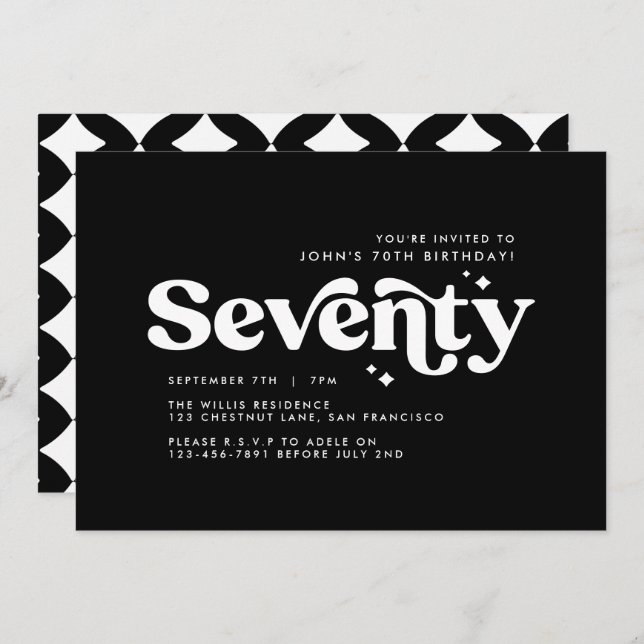 Retro back white modern minimal 70th birthday invitation (Front/Back)