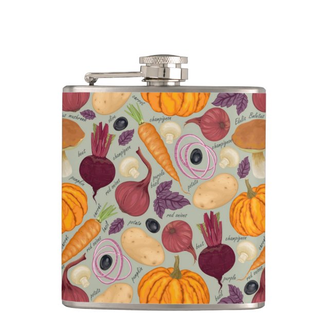 Retro background from fresh vegetables hip flask (Front)