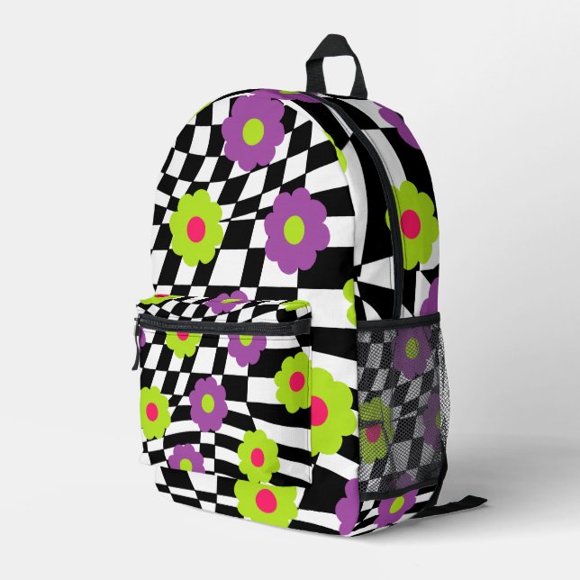 Retro Backpack with Checkers and Flowers (Back Corner Right)