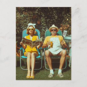 Retro Backyard BBQ Scene with Stylish Couple Postcard