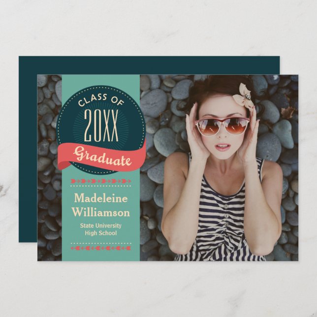 Retro Badge with Arrows Photo Graduation Invitation (Front/Back)