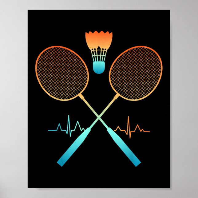 Retro Badminton With Shuttle Heartbeat Ecg  Poster (Front)