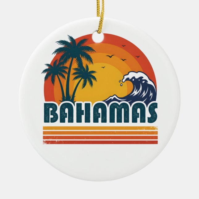 Retro Bahamas Beach Summer Sunset 70s Palm Tree Ceramic Ornament (Front)