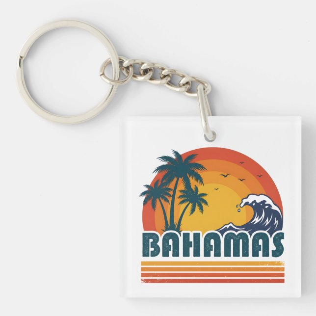 Retro Bahamas Beach Summer Sunset 70s Palm Tree Key Ring (Front)