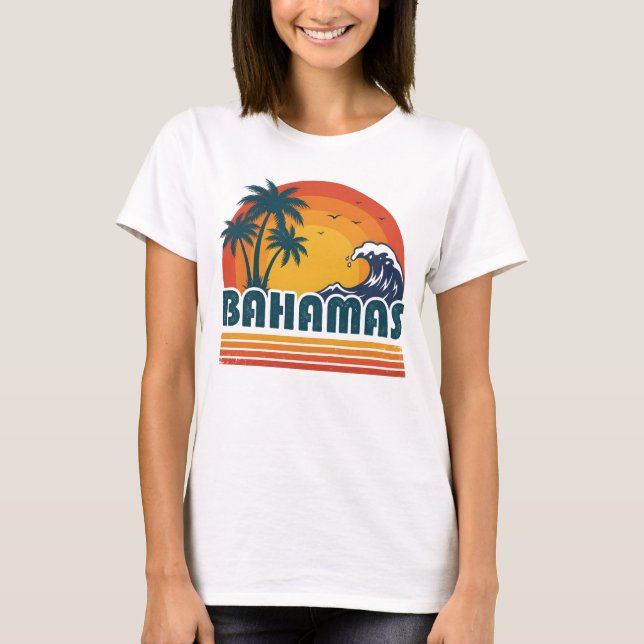 Retro Bahamas Beach Summer Sunset 70s Palm Tree T-Shirt (Front)