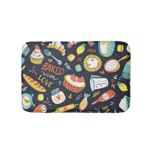 Retro bakery, dots, floral elements. bath mat