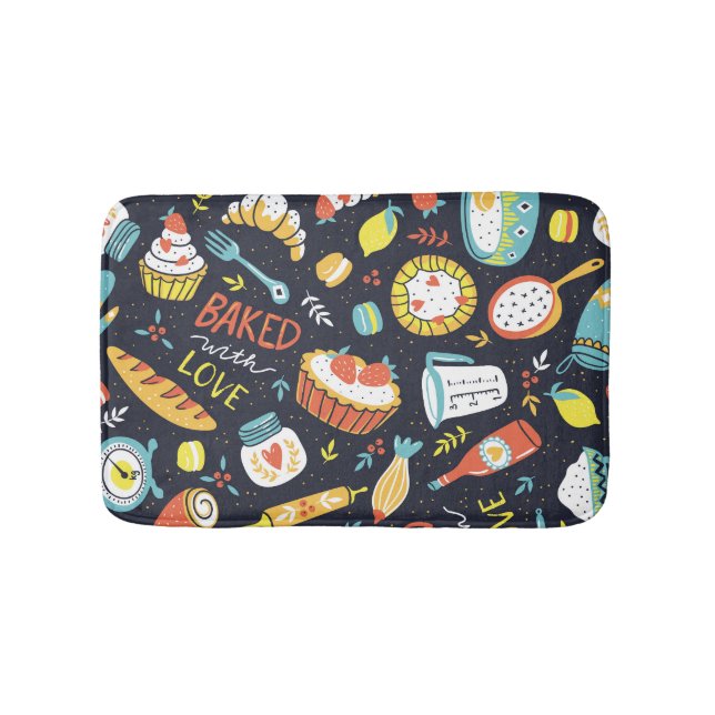 Retro bakery, dots, floral elements. bath mat (Front)