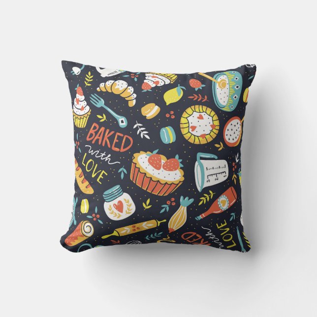 Retro bakery, dots, floral elements. cushion (Front)