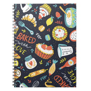Retro bakery, dots, floral elements. notebook