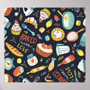 Retro bakery, dots, floral elements. poster