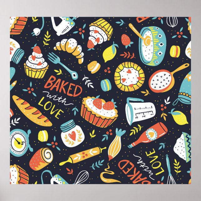 Retro bakery, dots, floral elements. poster (Front)