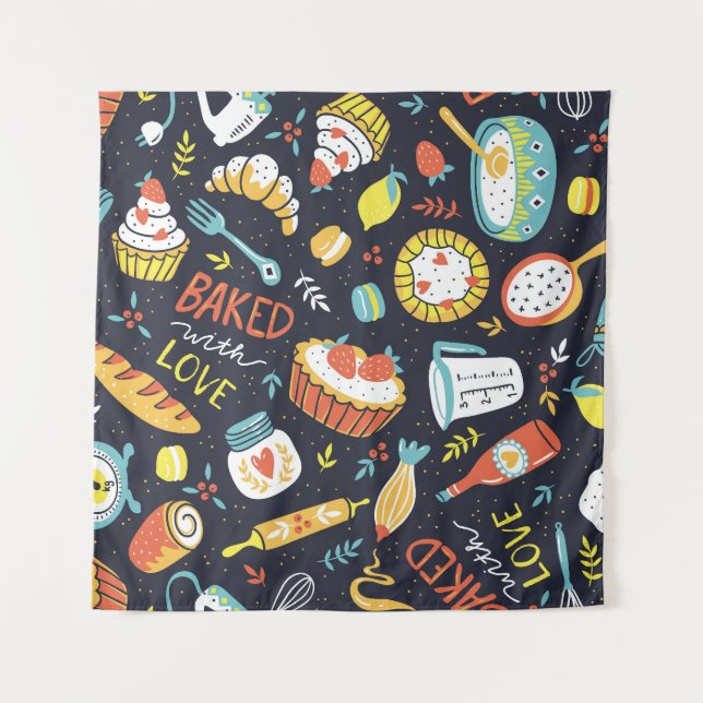 Retro bakery, dots, floral elements. tapestry (Front)