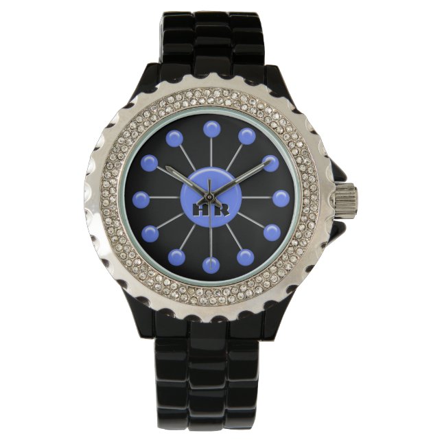Retro Ball Clock Face - Periwinkle (Monogrammed) Watch (Front)