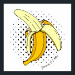 Retro Banana Comic Book Food Pop Art Poster<br><div class="desc">Funky retro popart style print of a yellow peeled banana illustration,  over a circle of halftone black dots. Editable text wraps around the bottom corner of the artwork,  for you to customise with names or a message</div>