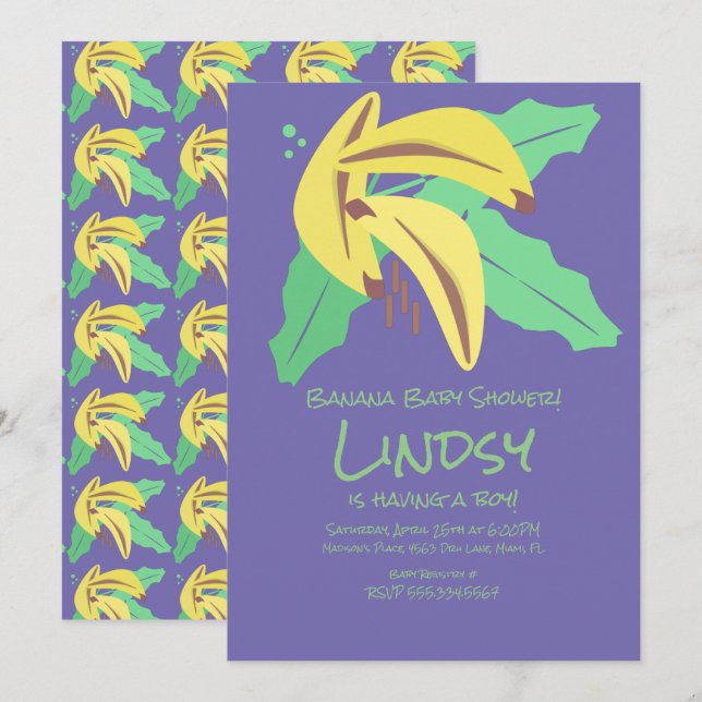 Retro Banana Purple Baby Shower Invitation (Front/Back)