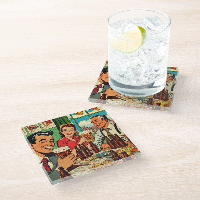 Retro Bar Beer Comics Glass Coaster (Angled)