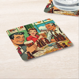Retro Bar Beer Comics Square Paper Coaster