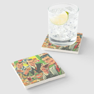 Retro Bar Drinks Comics Illustration Stone Coaster