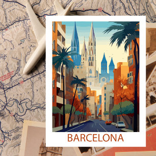 Retro Barcelona Vintage Travel Illustration Postcard